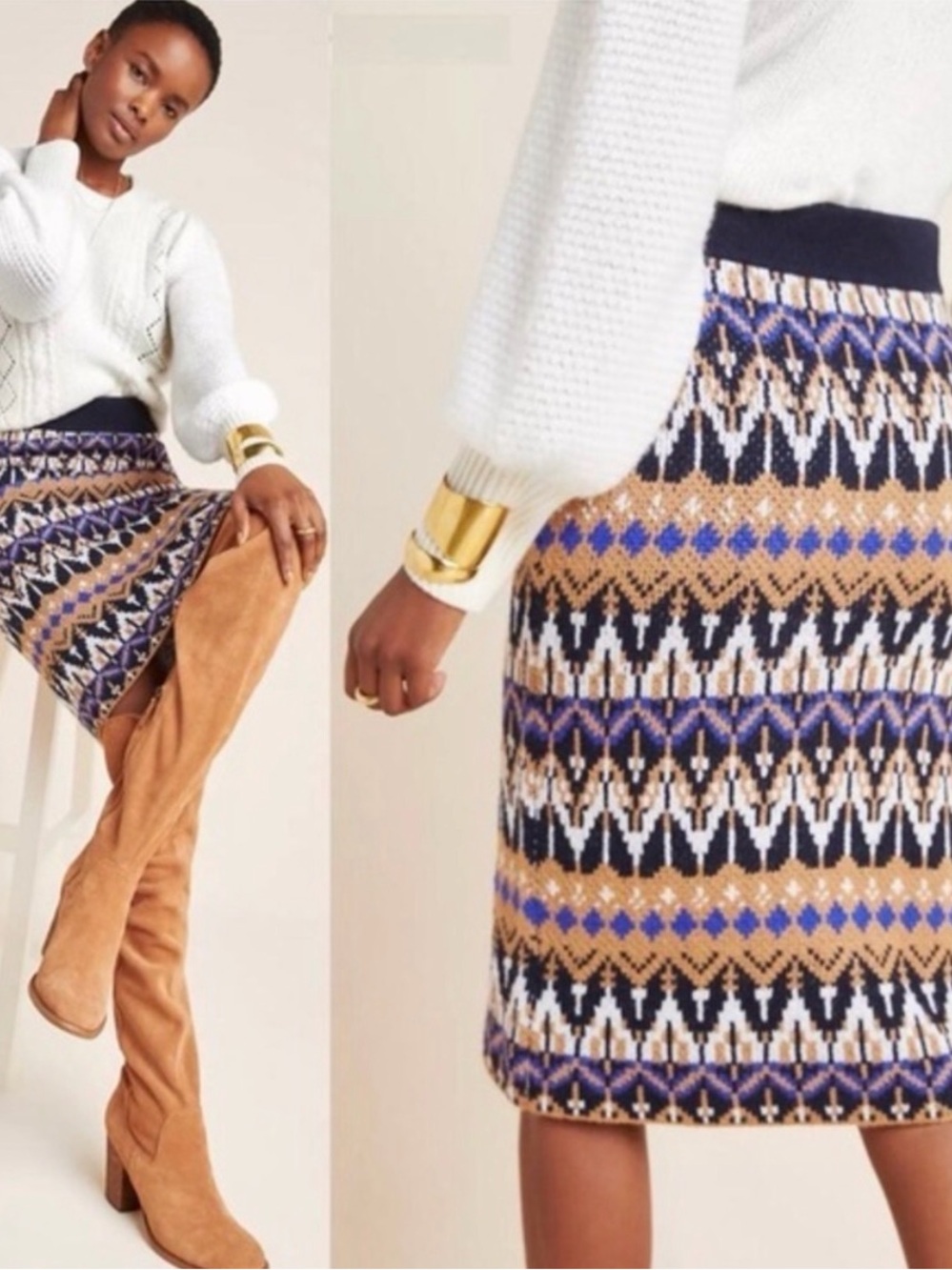 By Anthropologie Fair Isle Knit Pencil Midi Skirt Blue‎ Tan XXSP Boho Vintage